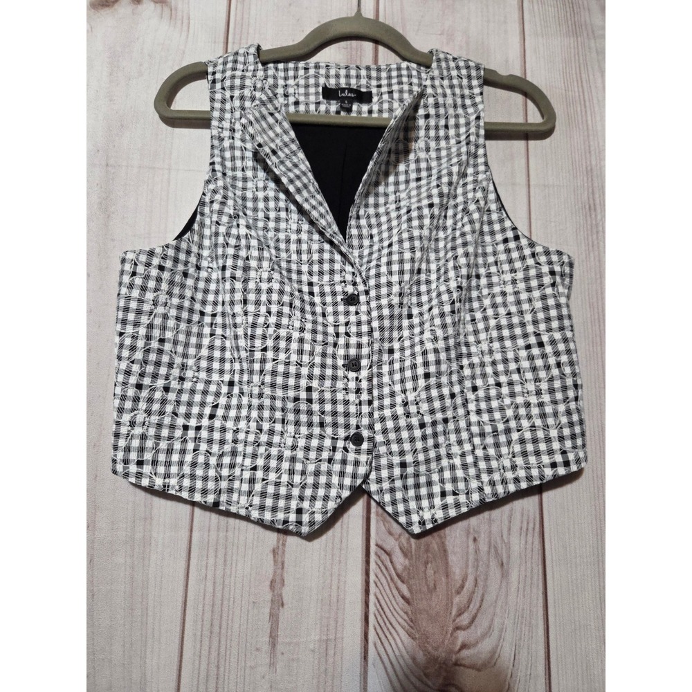 Lulus Womens Gingham Floral Embroidered Cropped Vest Black White Large